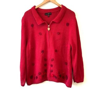 VTG Red Zip up Cardigan with Felt Leaf Embellishments